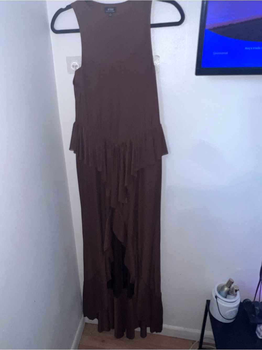 AFRM Brown Asymmetrical Ruffle High-Low Maxi Dress - Picture 5 of 7